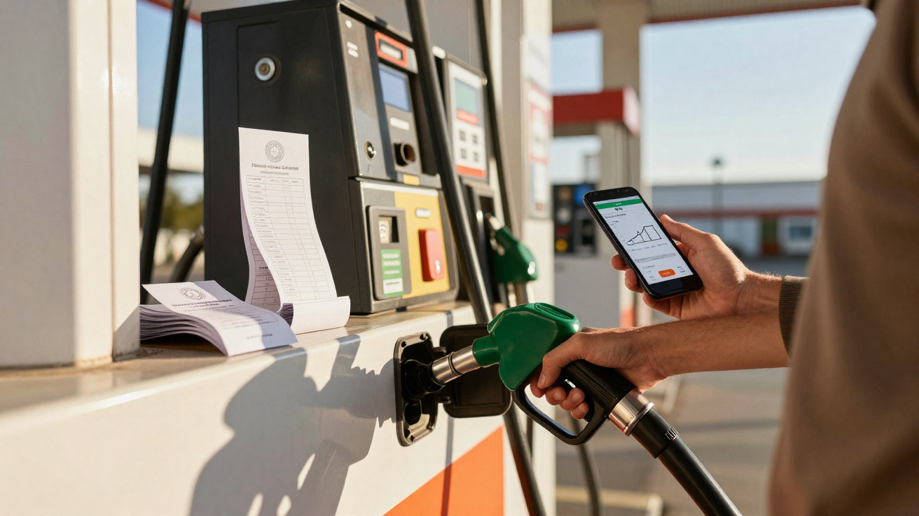 Person holding smartphone and refuelling car at petrol station fuel pump with printed receipt nearby.