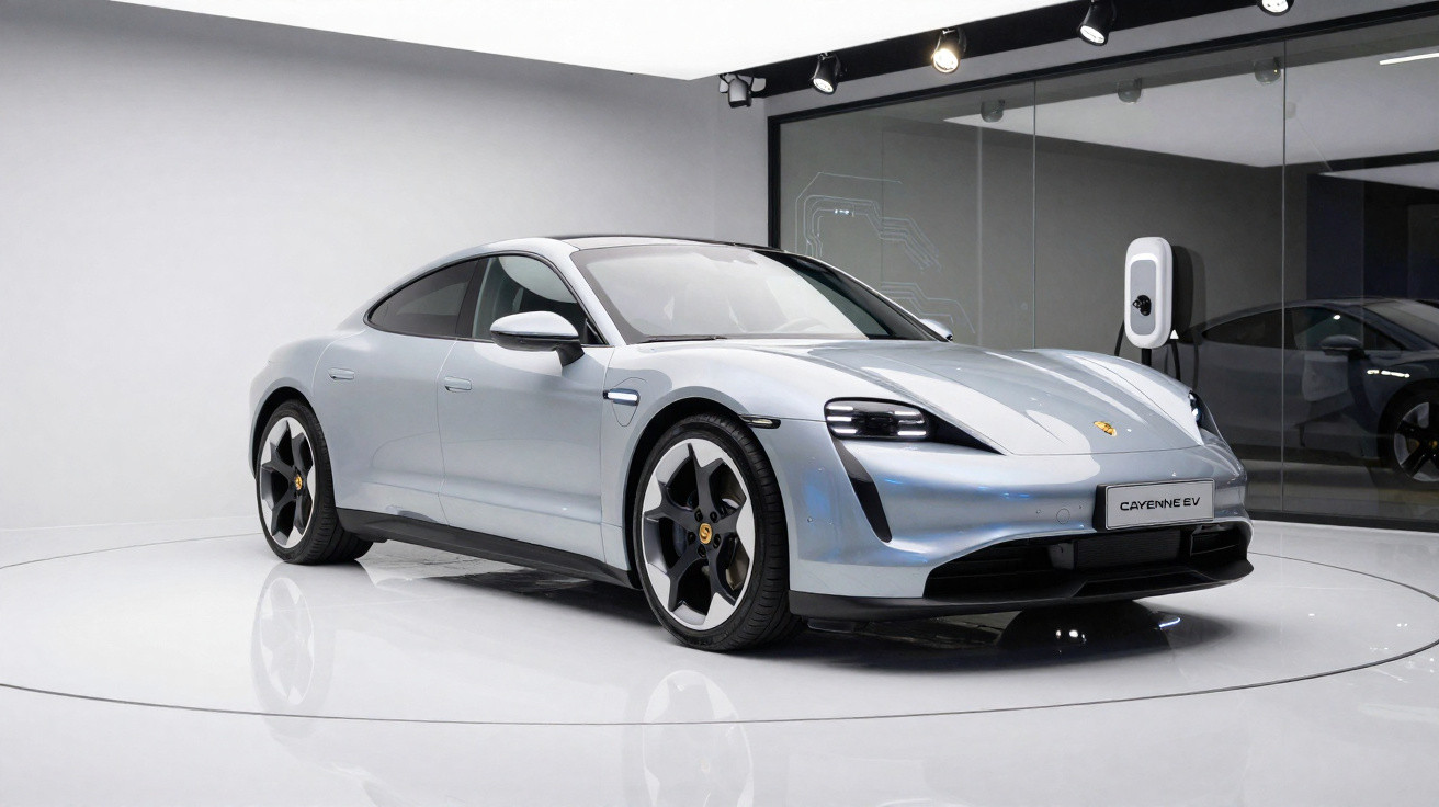 Silver Porsche Taycan electric sports car displayed in a showroom with charging station in background.
