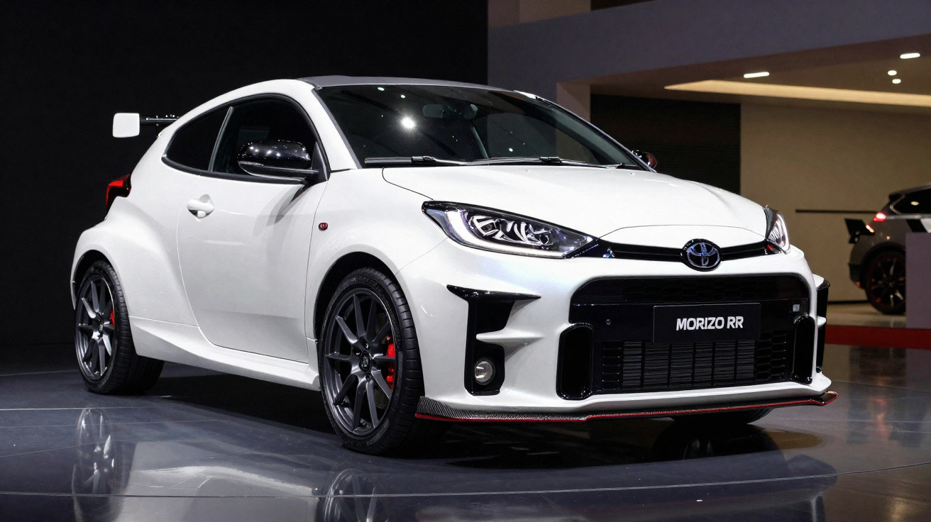 White Toyota Morizo RR sports car showcased indoors with black accents and sporty design details.