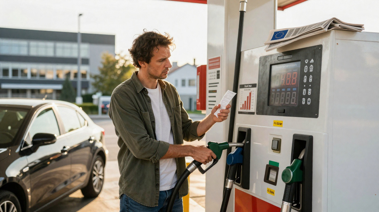 Man holding receipt and petrol pump nozzle while refuelling car at fuel station on sunny day