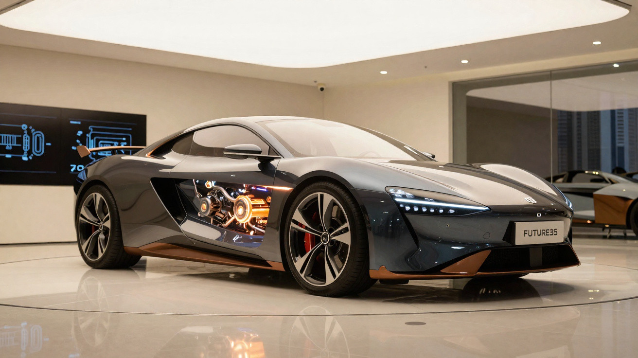 Sleek dark grey sports car with illuminated engine display and modern LED headlights in a minimalist showroom.
