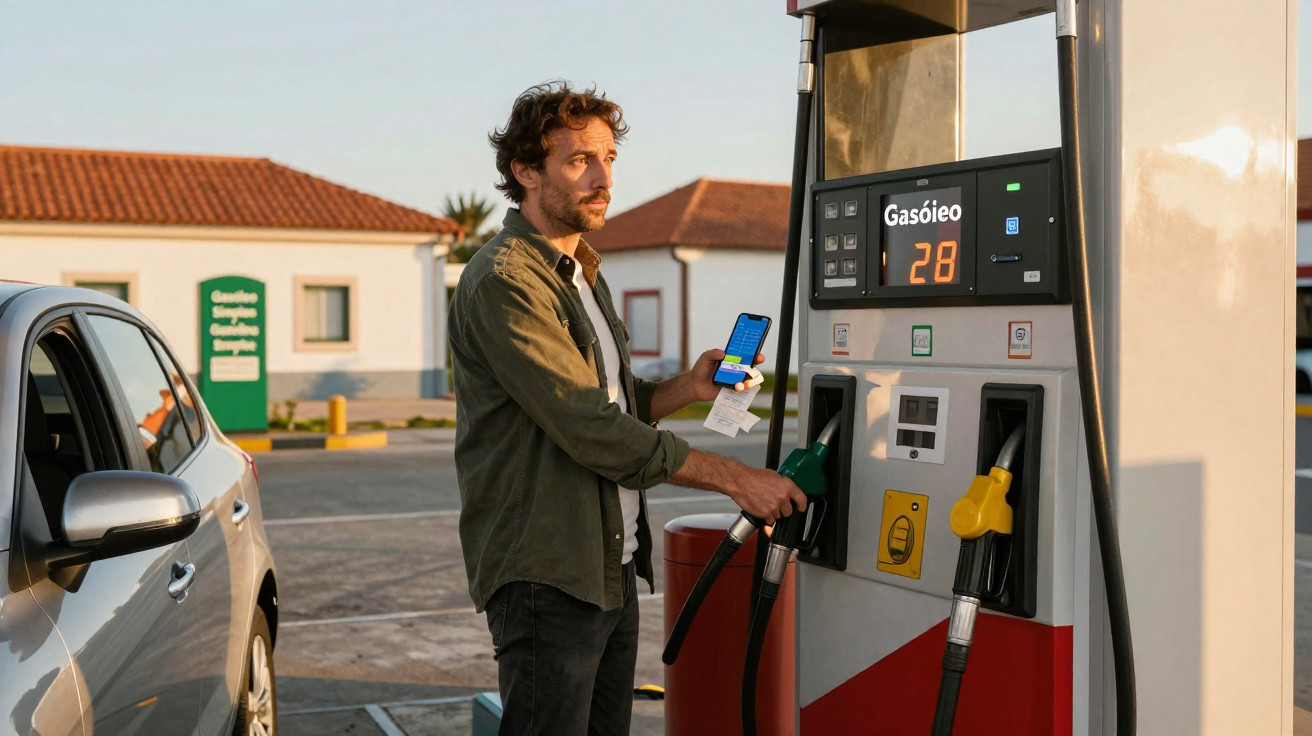 Man using smartphone and receipt while refuelling silver car with diesel at petrol station pump.