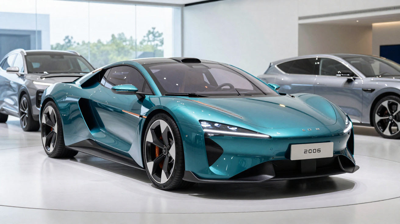Teal Powerrun 2006 electric sports car displayed in a bright showroom with two other vehicles behind it.