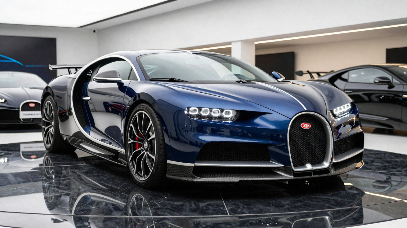 Dark blue Bugatti Chiron sports car displayed in a showroom with polished black marble flooring.