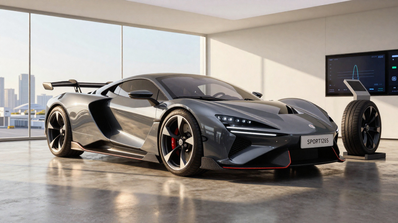 Grey McLaren sports car in a bright showroom with a spare wheel display and city skyline visible outside.