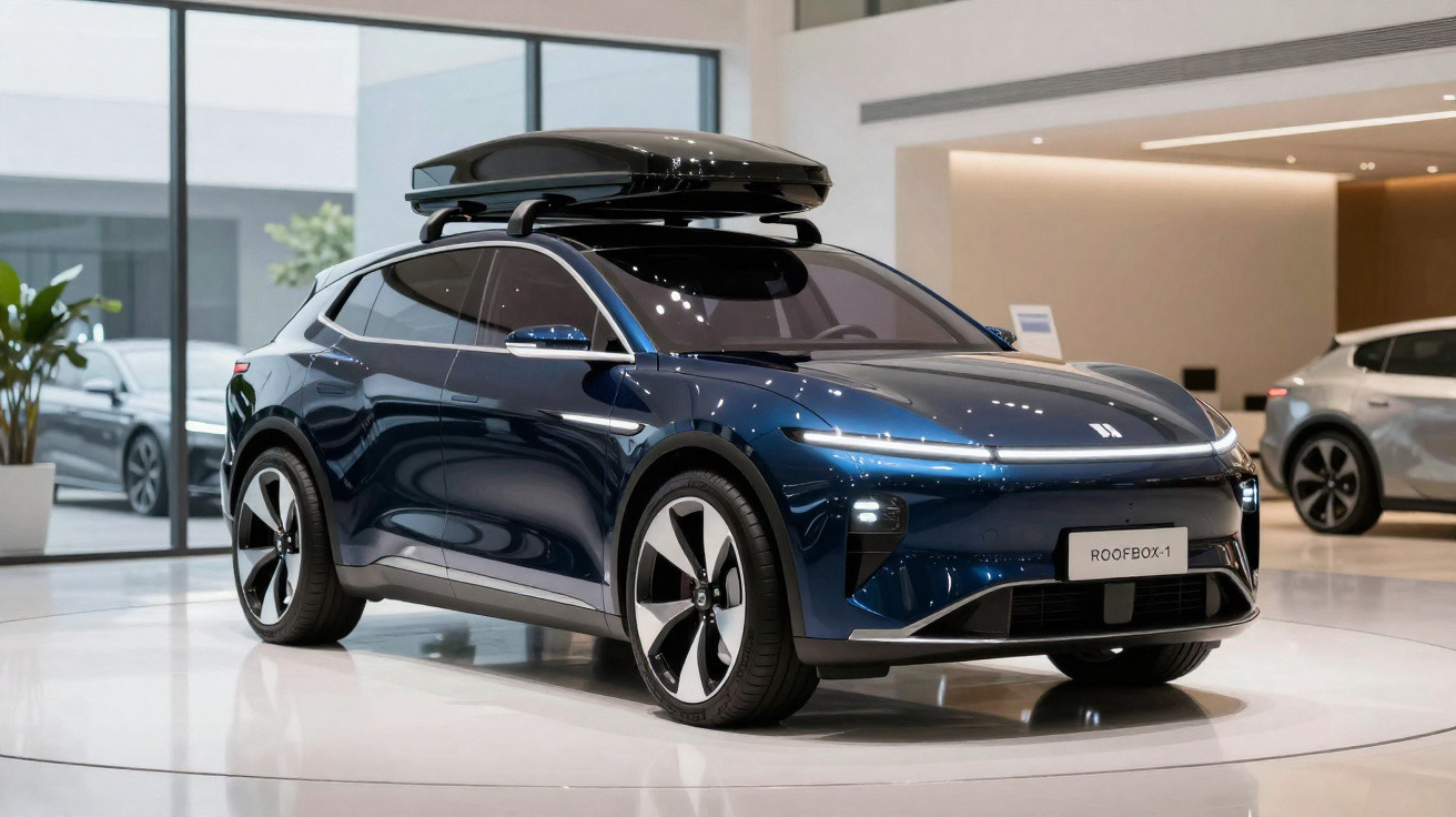 Sleek dark blue electric SUV with roof box showcased in a modern showroom with reflective floor and large windows.