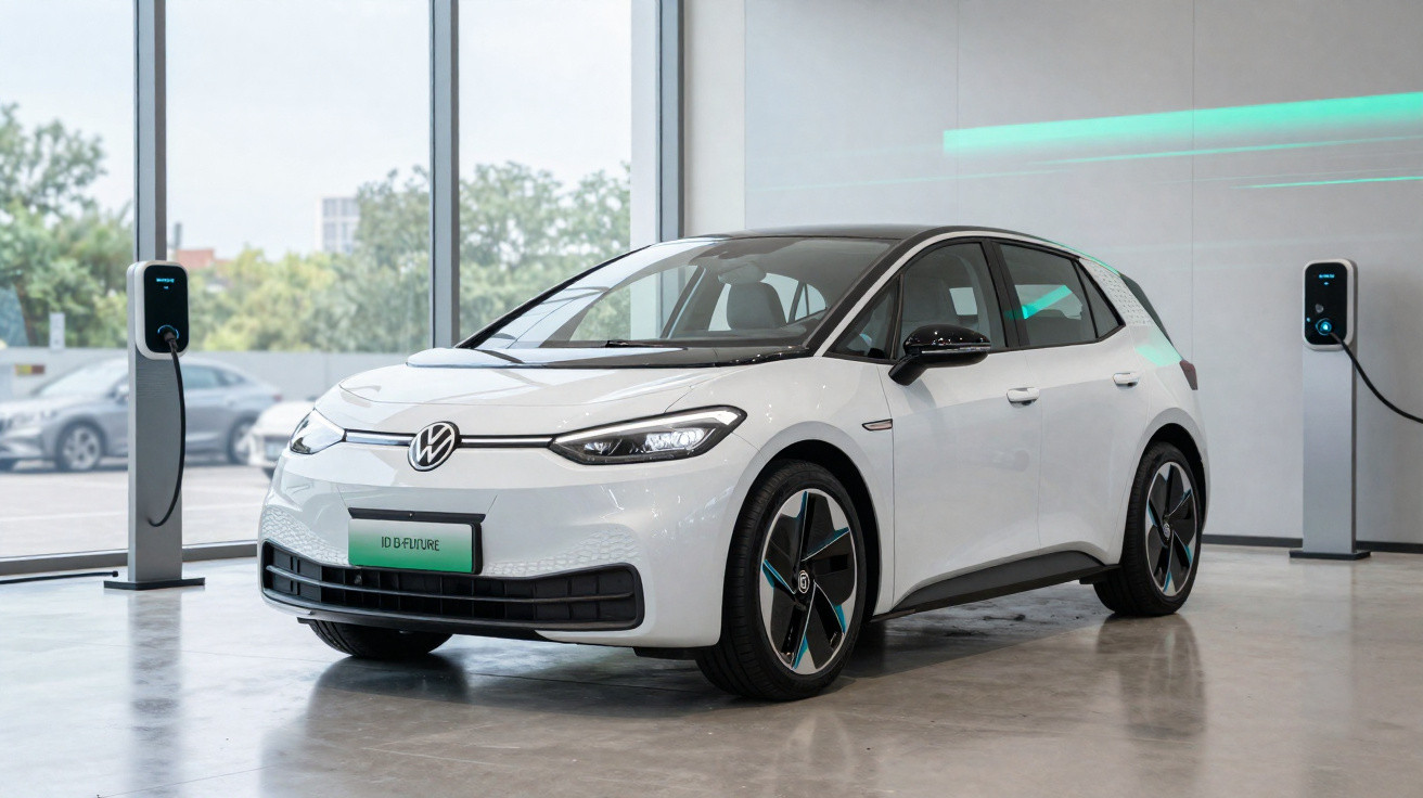 White Volkswagen ID.4 electric car parked indoors between two charging stations by large windows.
