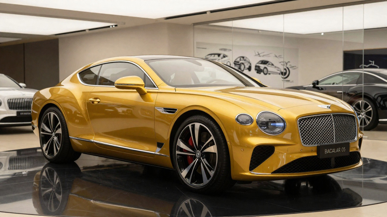 Gold Bentley Bacalar luxury coupe displayed indoors with reflective floor and design sketches in the background.