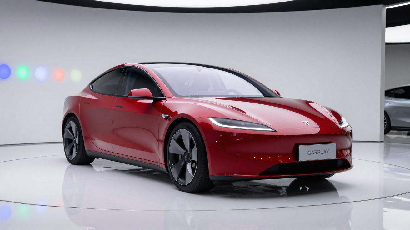 Red Tesla electric car displayed in a minimalist showroom with a white circular platform and coloured lights on the wall.