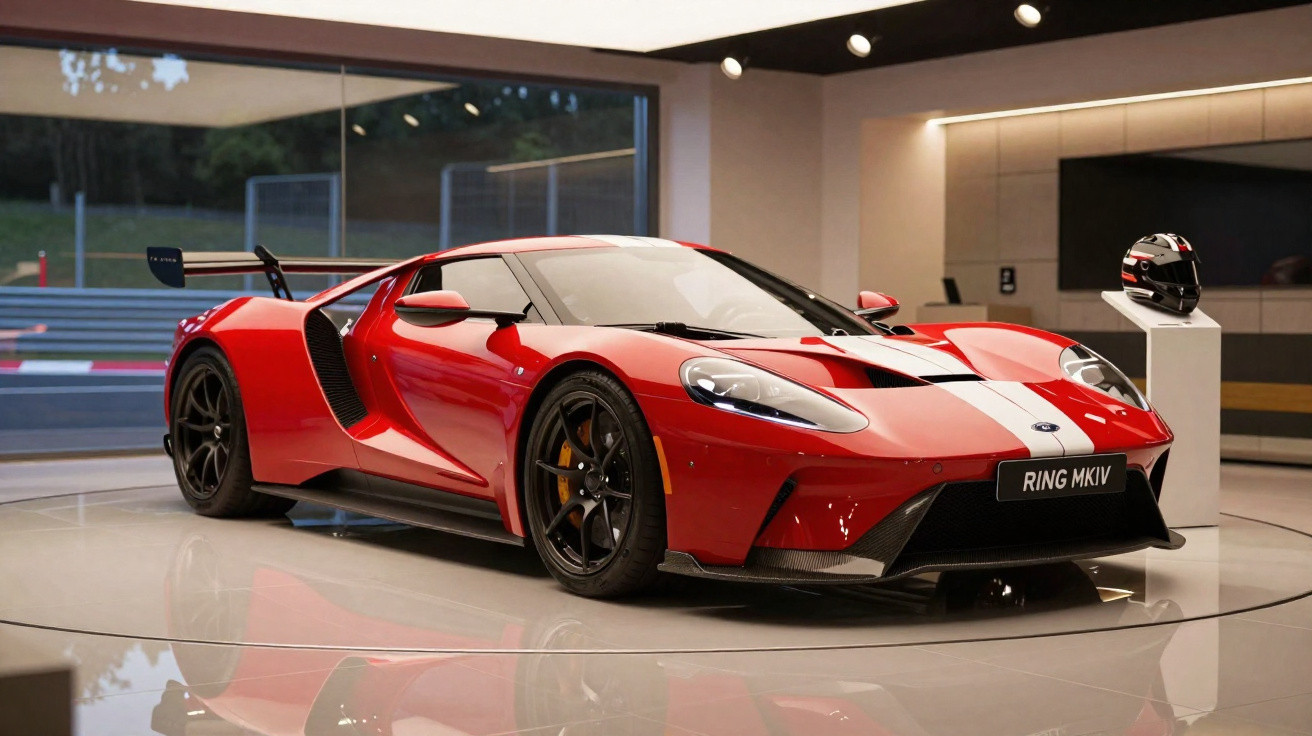 Red Ford GT sports car with white racing stripe displayed indoors on a polished floor with a helmet nearby.