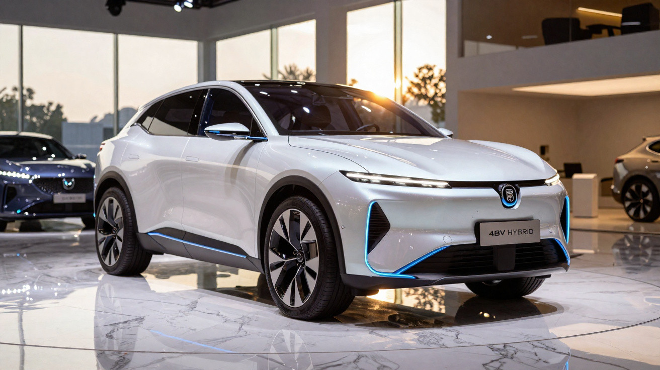 White electric hybrid SUV displayed indoors with modern design and blue accent lighting around front grille.