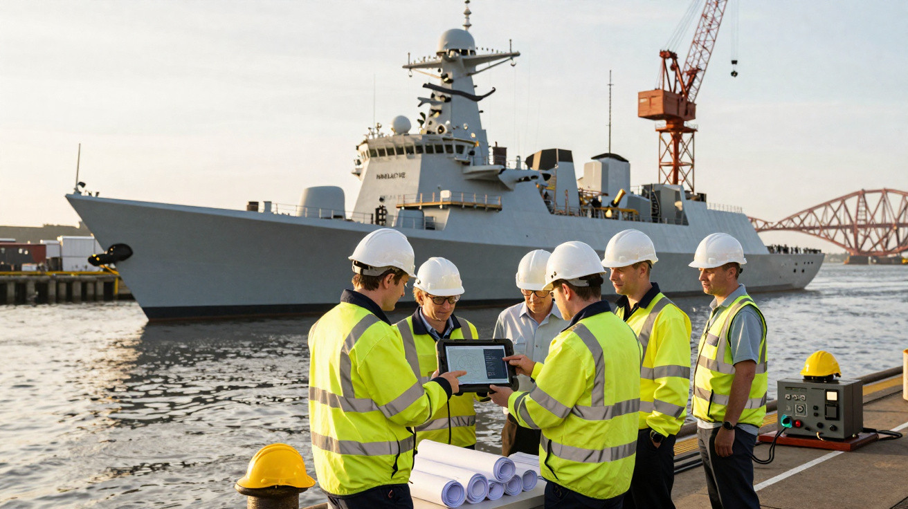 Engineers in high visibility jackets and helmets discussing plans by a docked naval warship at a harbour.