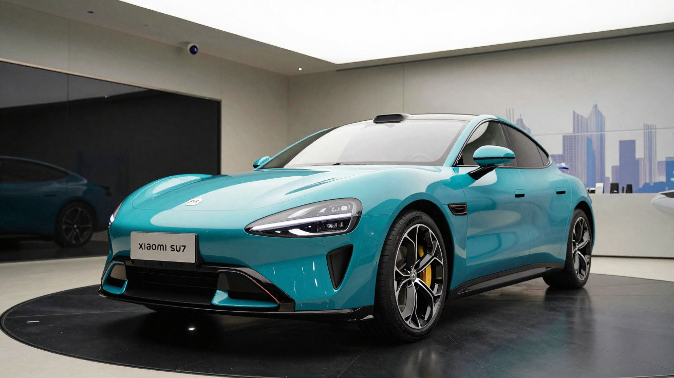 Sleek turquoise Xiaomi SU7 electric sports car displayed indoors on a black round platform.