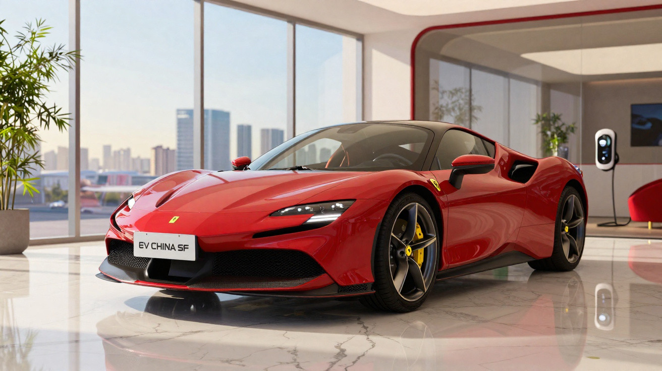 Red Ferrari SF electric sports car in a modern showroom with cityscape visible through large windows.