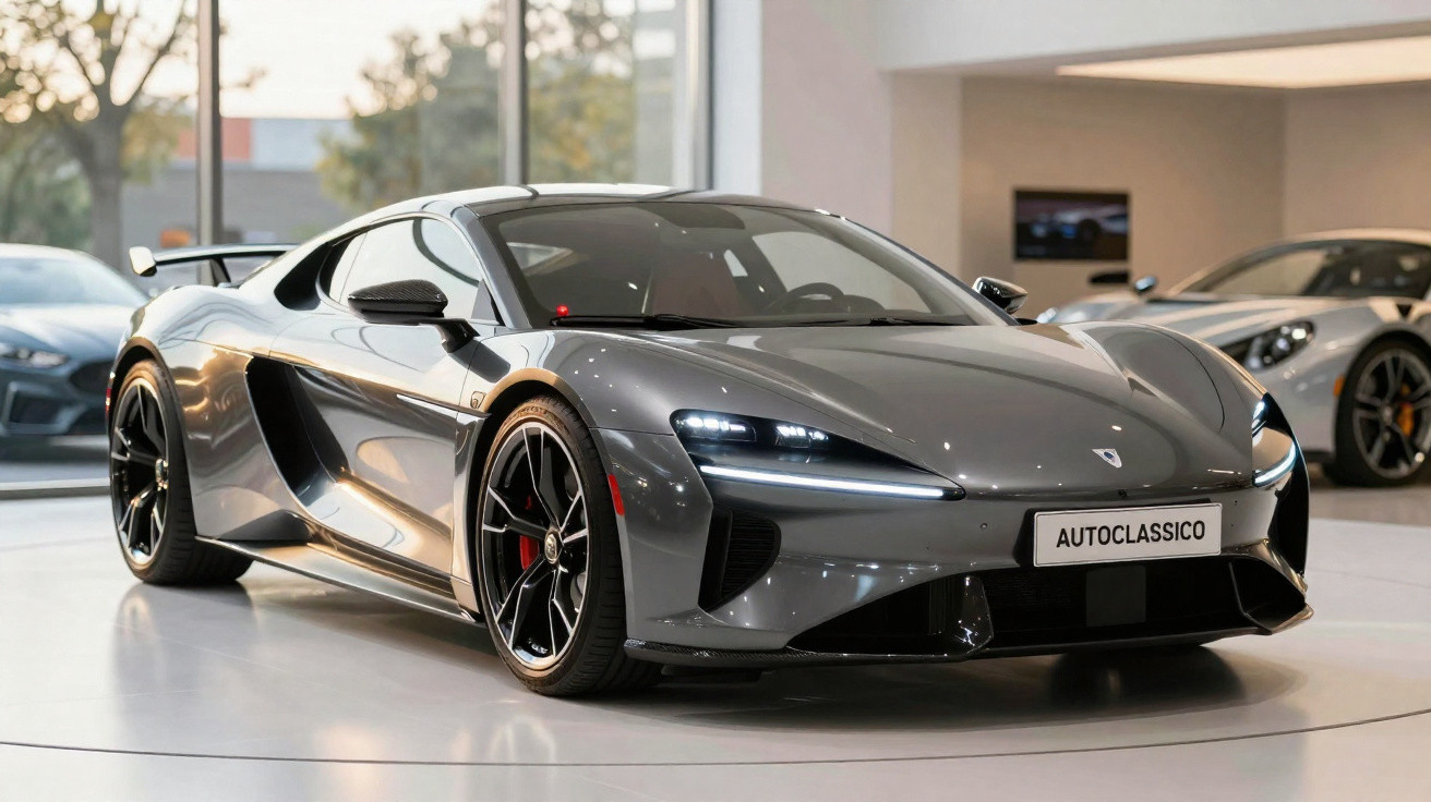 Sleek silver-grey McLaren sports car displayed indoors with modern styling and illuminated headlights.
