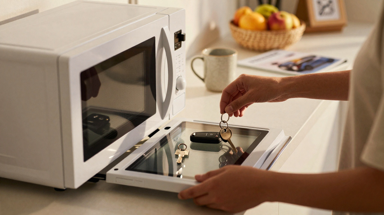 Person placing car keys inside an open microwave door on a kitchen counter with a fruit basket in the background.