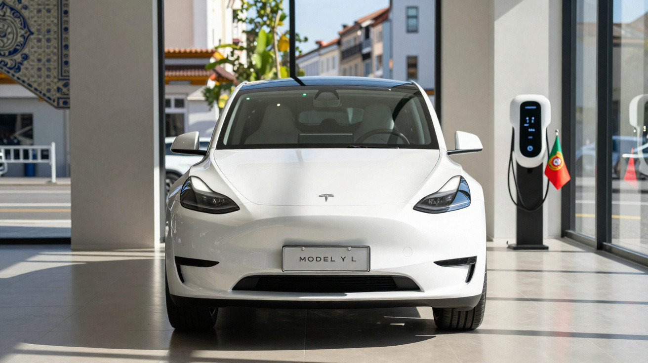 White Tesla Model Y long range parked indoors near an electric vehicle charging station with a Portuguese flag.