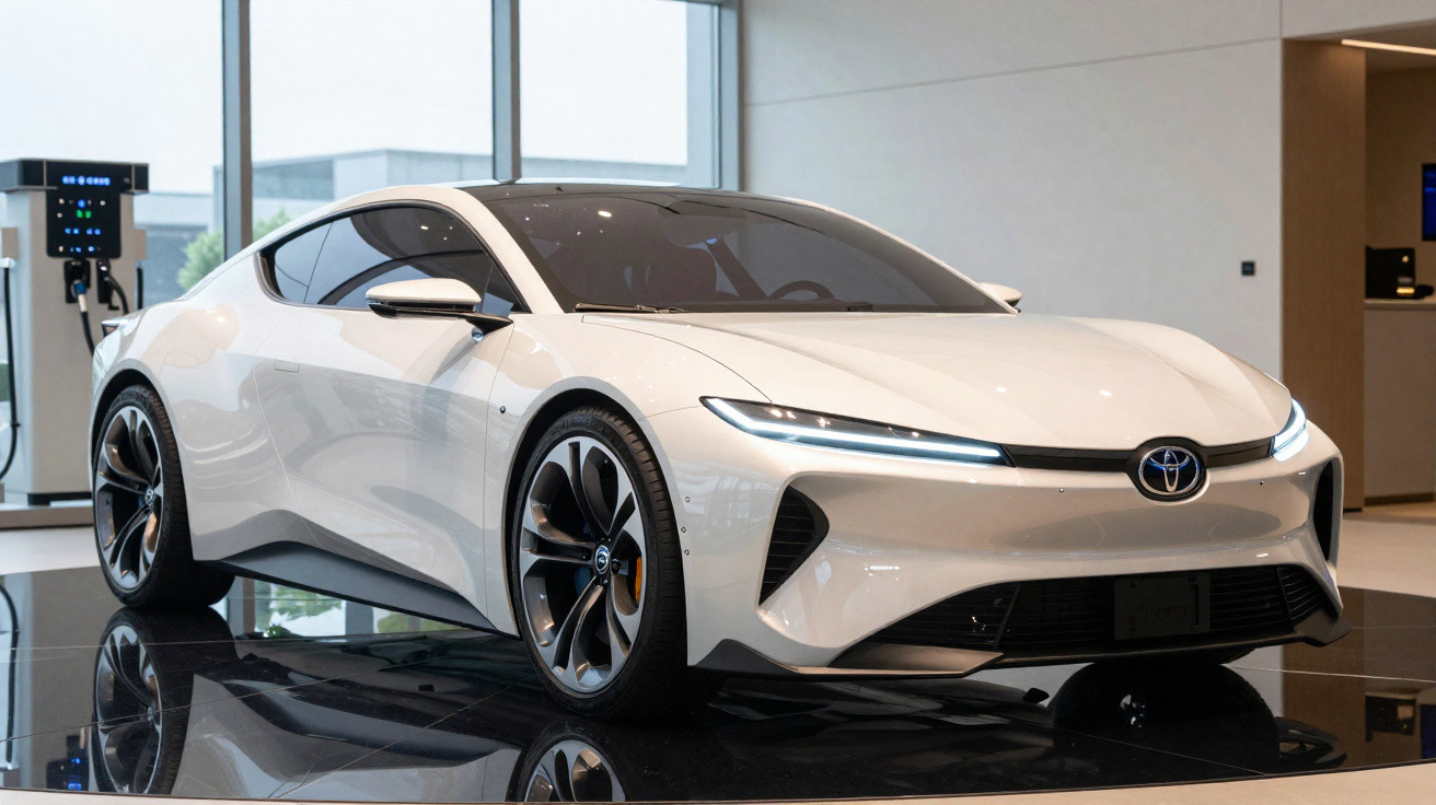 White Toyota electric sports car displayed indoors near a charging station with sleek, modern design.