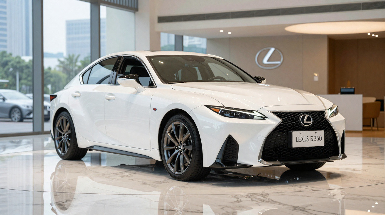 White Lexus IS 350 sedan displayed indoors on polished marble floor with city buildings visible outside.
