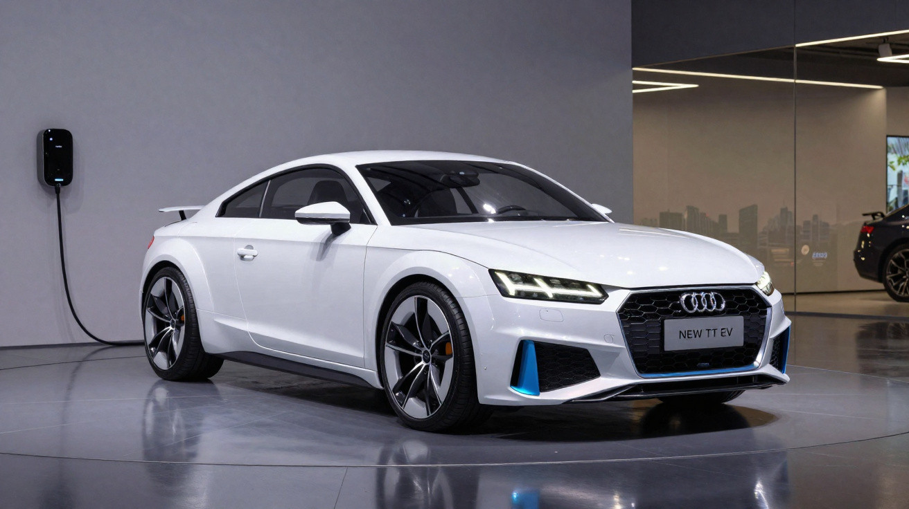 White Audi New TT EV electric coupe car charging indoors on a shiny floor in a modern showroom.