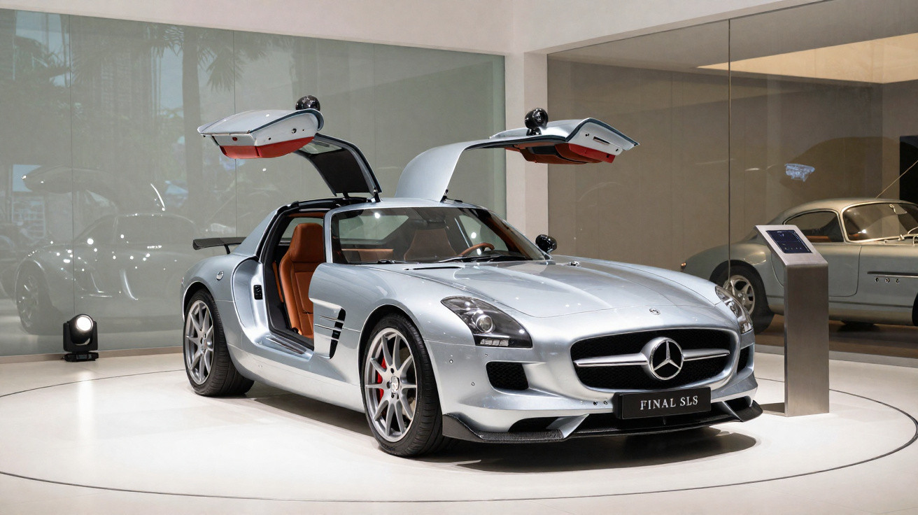 Silver Mercedes-Benz Final SLS sports car with gull-wing doors open on display in a showroom.