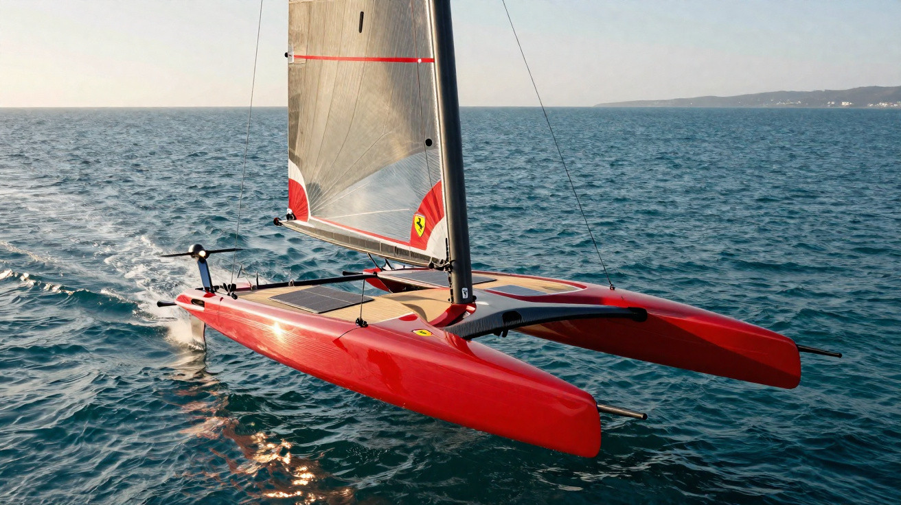 Red racing trimaran sailboat with Ferrari logo sailing on calm blue sea near coastline.