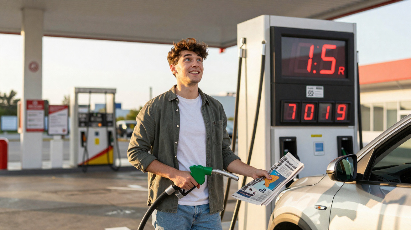 Young man holding a fuel nozzle and newspaper while refuelling silver car at a petrol station on sunny day.
