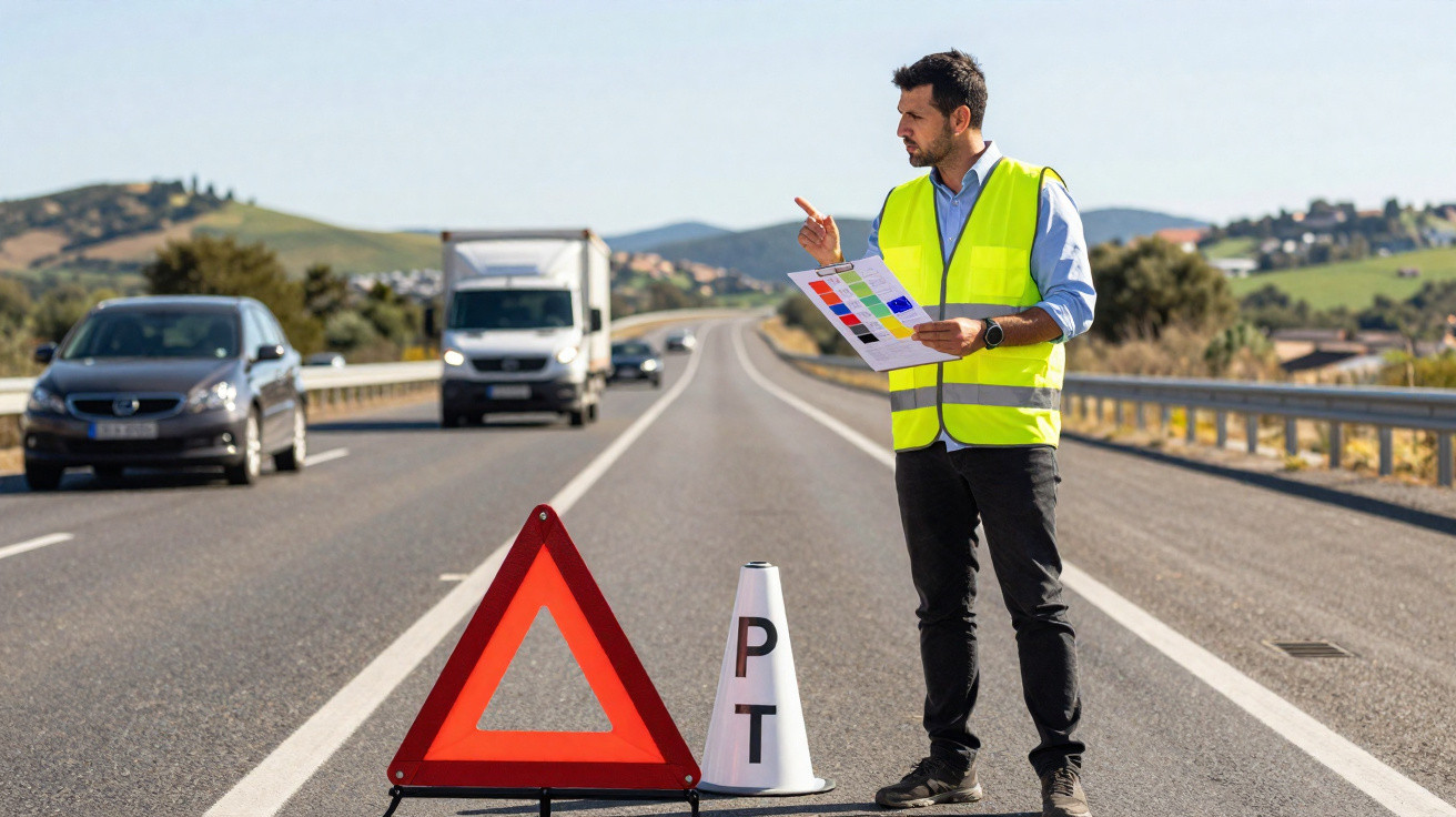 Man in high-visibility vest holding a colour chart on a highway near warning triangle and PT cone.