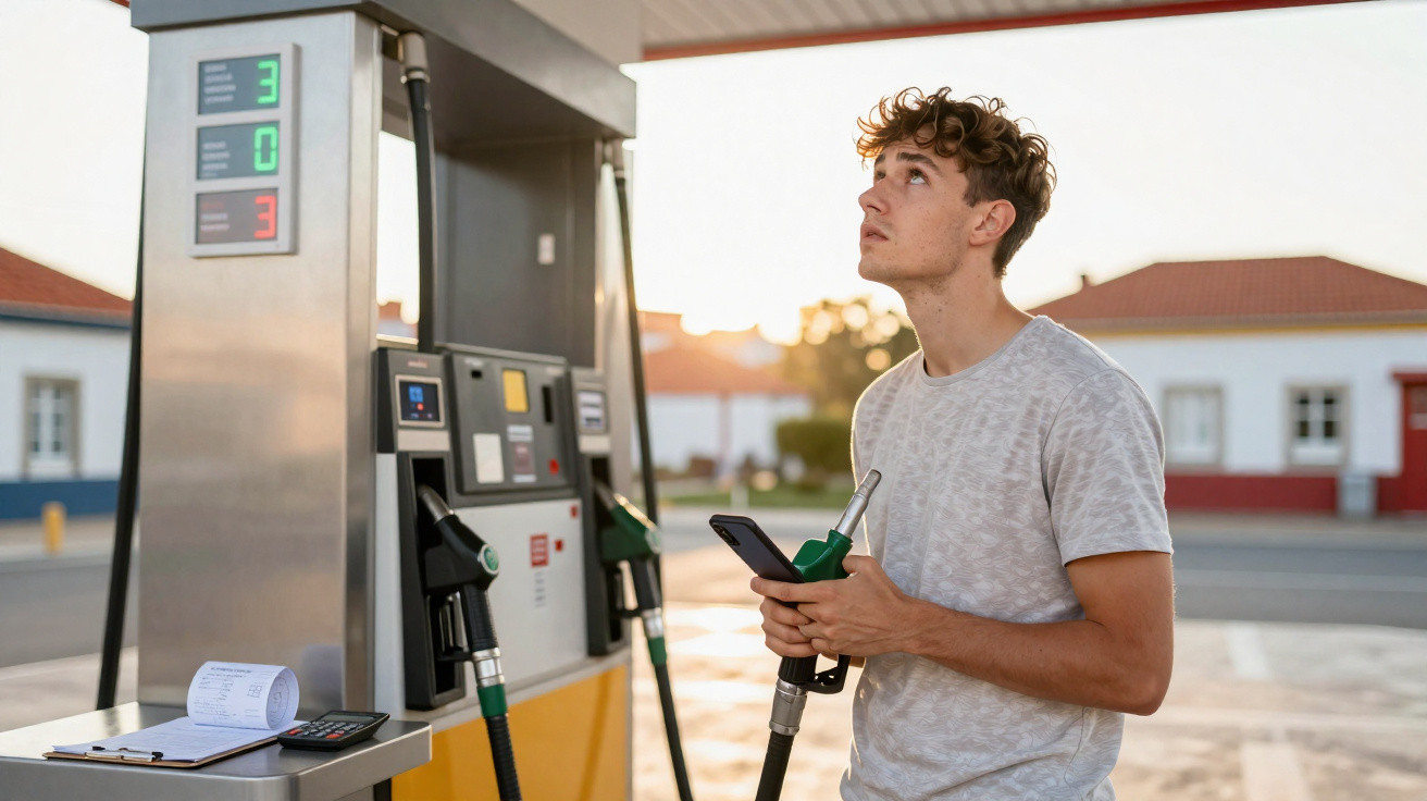 Young man holding a fuel pump and phone at a petrol station, looking up with a contemplative expression.