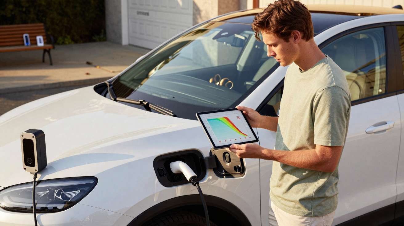Young man checks tablet while charging white electric car parked outside house.