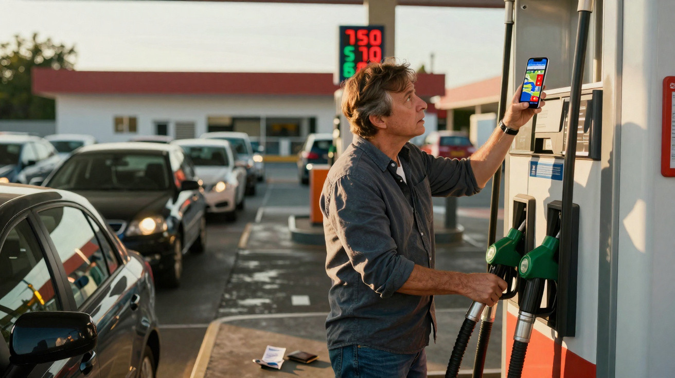 Man refuels car at petrol station while using a smartphone app with cars waiting in line behind him.