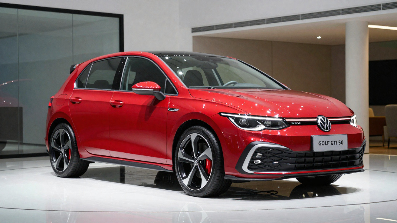 Red Volkswagen Golf GTI 50 hatchback displayed indoors on a white reflective floor.