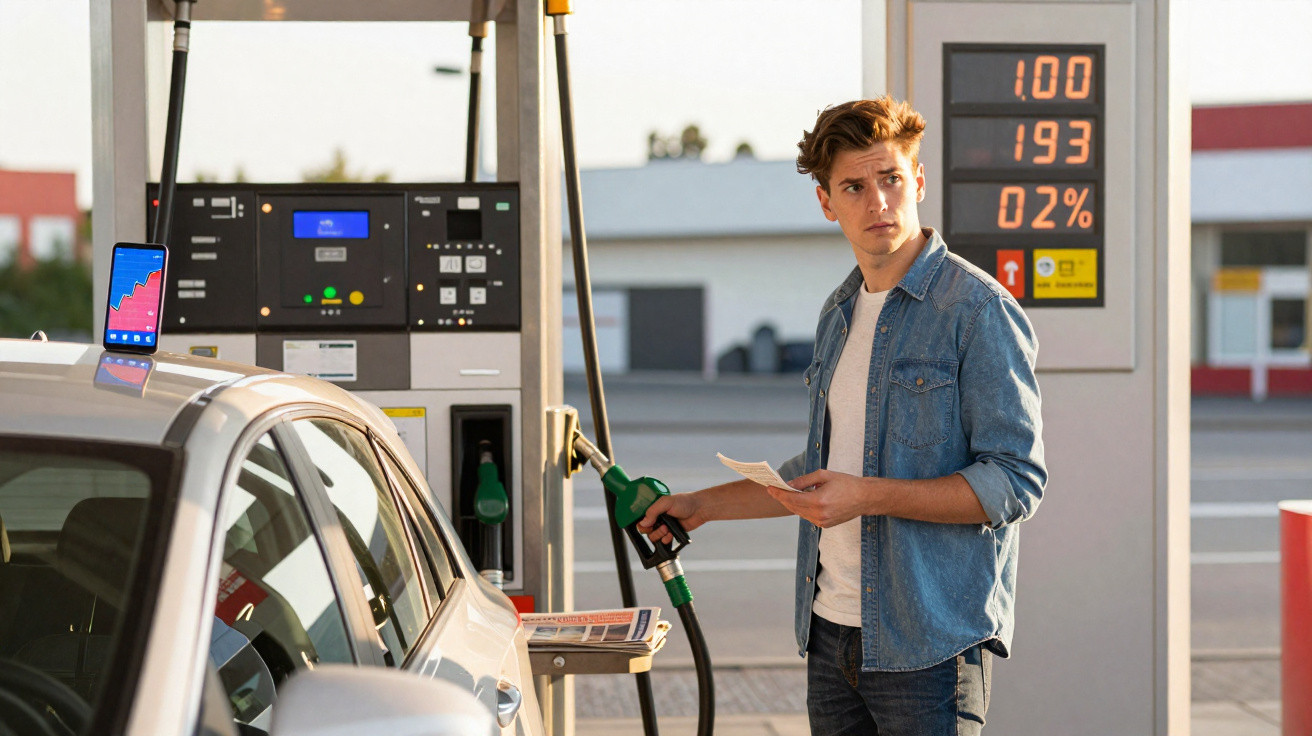 Young man holding a receipt and refuelling a white car at a petrol station with fuel prices displayed.