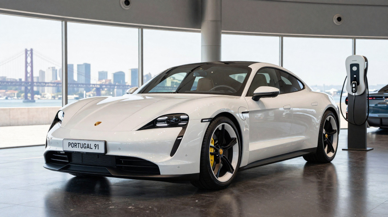White Porsche electric car displayed indoors near charging station with cityscape visible through large windows.