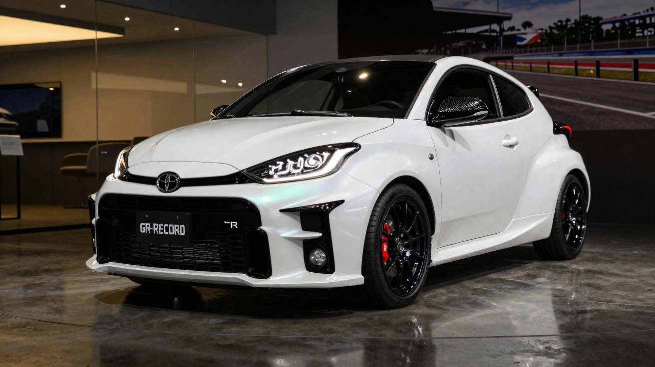 White Toyota GR-Record sports car displayed indoors with black alloy wheels and modern headlights