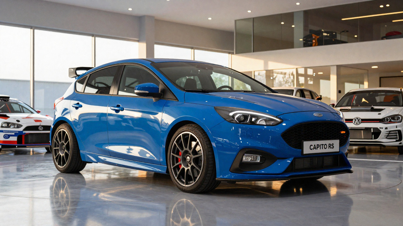 Blue Ford Focus RS hatchback displayed inside a modern showroom with polished floors and other cars visible.