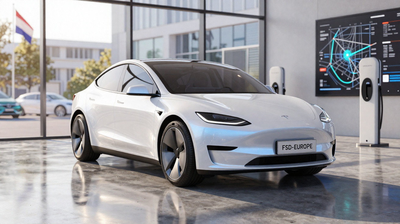 White Tesla Model S electric car parked indoors near charging stations with digital map display on wall.