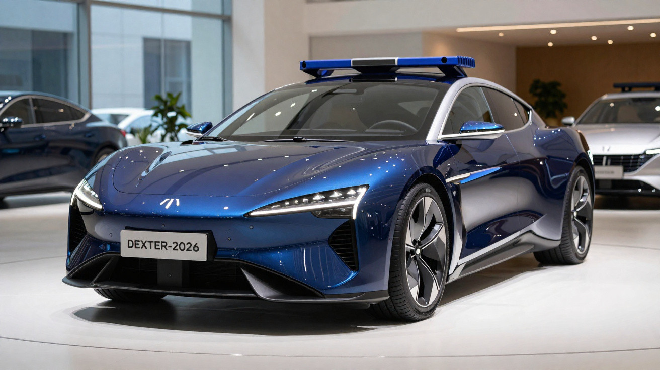 Blue futuristic sports car with police light bar displayed in a modern showroom.