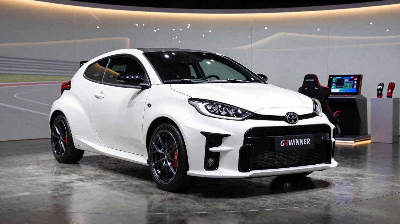 White Toyota GR Yaris parked indoors with a gaming setup visible in the background.