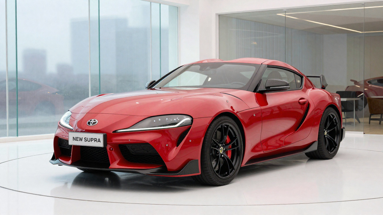 Red Toyota New Supra sports car with black wheels displayed indoors on a white glossy floor.