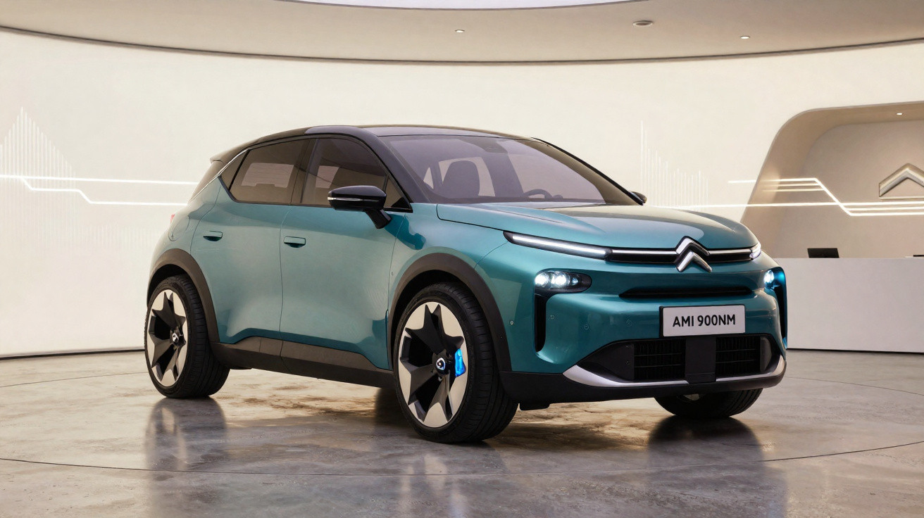 Modern teal Citroën AMI 900NM compact electric car on display in a sleek showroom environment.