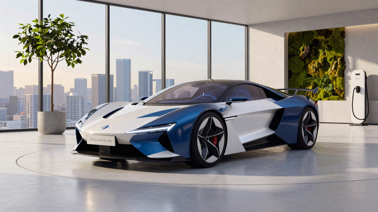 Sleek blue and white electric sports car parked indoors with city skyline and charging station in the background.