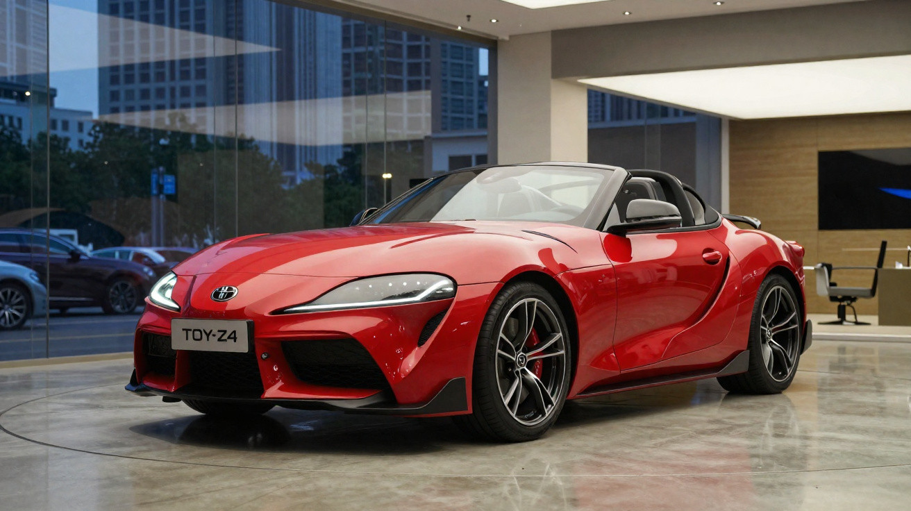 Red Toyota Supra convertible sports car displayed indoors with city buildings reflected in glass windows.