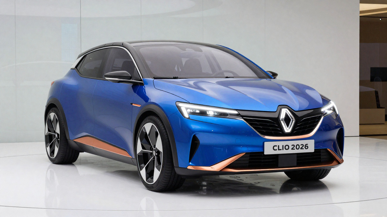 Blue Renault Clio 2026 model car with black roof and copper accents displayed indoors on white floor.