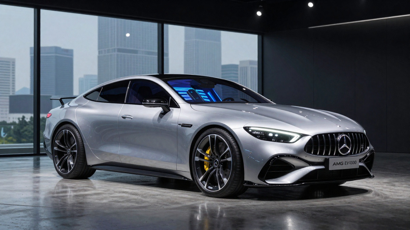 Silver Mercedes-AMG EV100 coupe shown in a sleek modern showroom with city skyline visible through large windows.