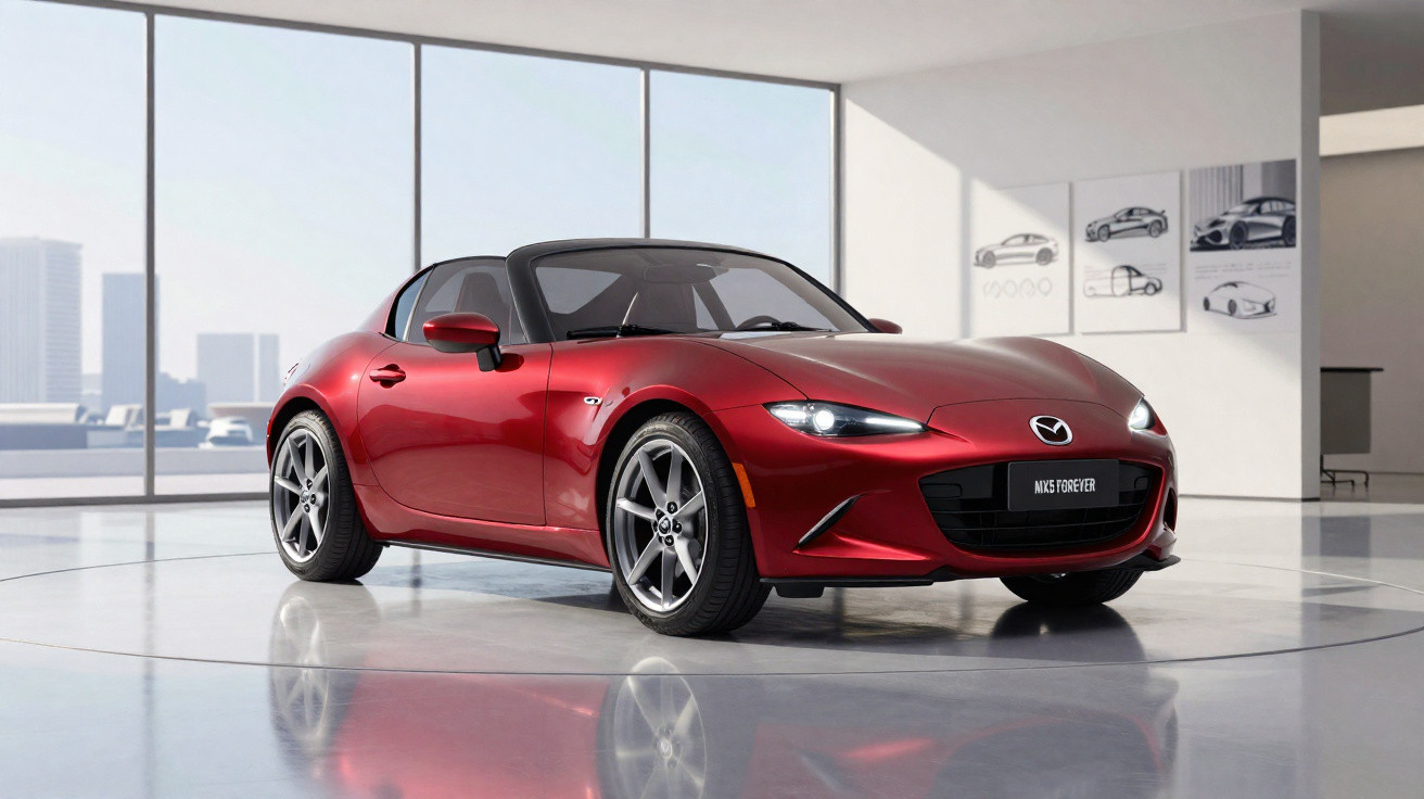 Red Mazda MX-5 sports car displayed inside a modern showroom with large windows and design sketches on the wall.