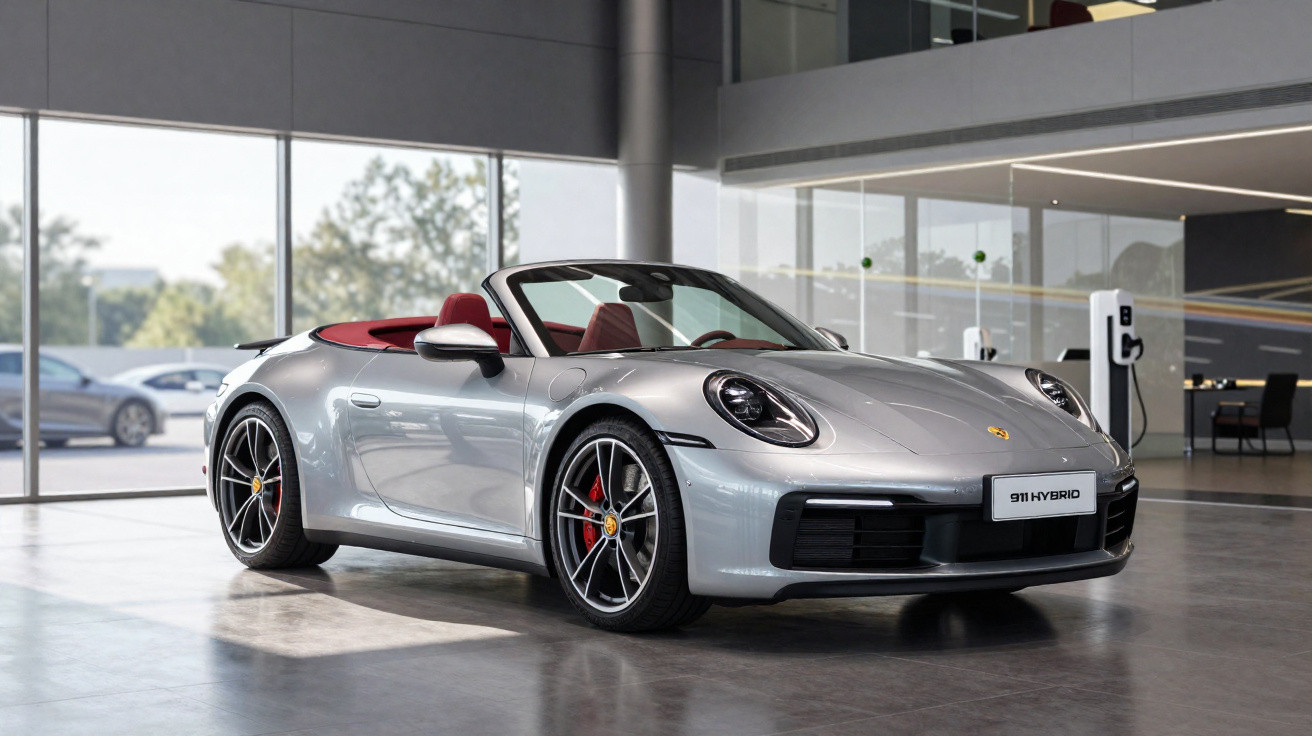 Silver Porsche 911 Hybrid convertible with red interior displayed inside a modern showroom.
