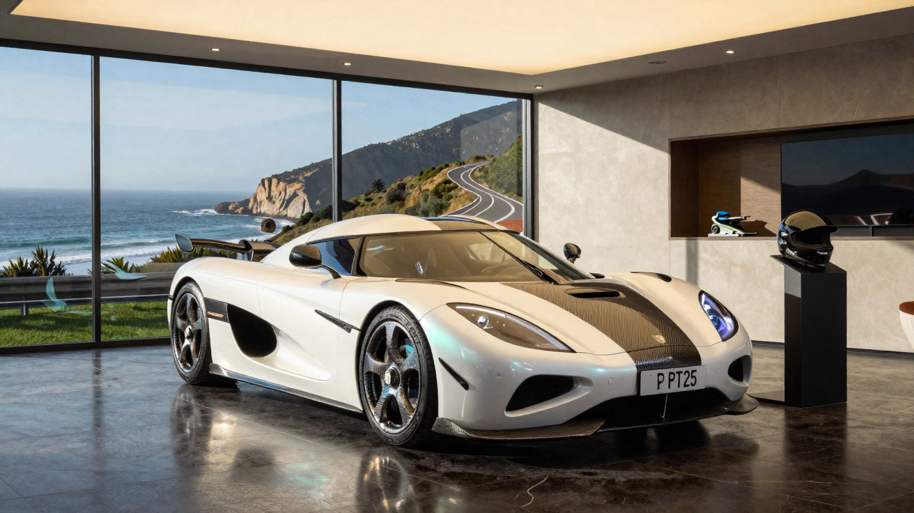 White sports car with black racing stripes parked inside a modern room overlooking a coastal road and ocean.