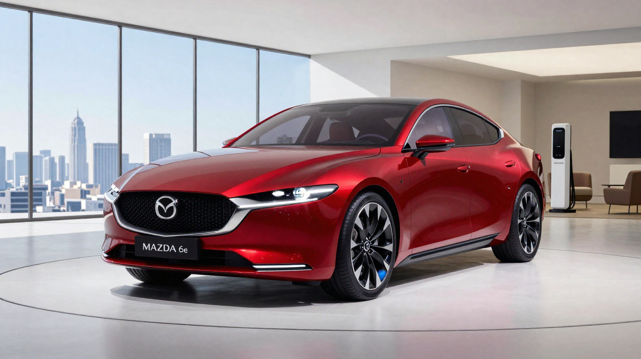 Red Mazda 6e electric sedan displayed indoors with city skyline through large windows in the background.