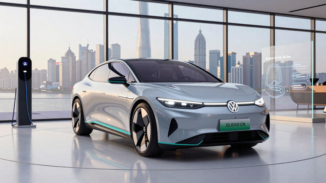 Silver Volkswagen electric car ID.Evo CN on display in modern showroom with city skyline visible through large windows.